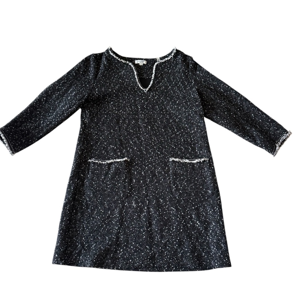 Max Studio Black Tweed Pocket Mini Shift Dress with White Speckle Trim, Size L